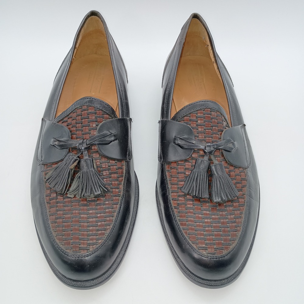 Johnston & Murphy Cellini Mens 11 M Black Brown Woven Leather Tassel Loafers - Picture 2 of 7